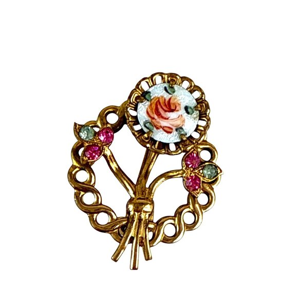 Vintage Porcelain Rose Floral Brooch Gold Tone with Pink Rhinestones - Picture 1 of 6